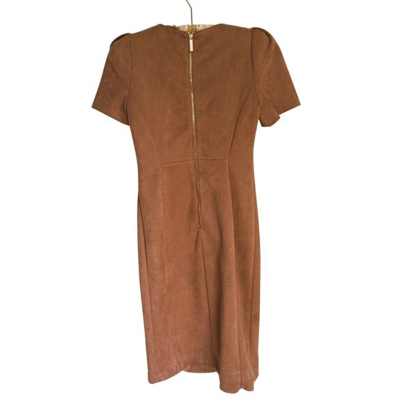 Calvin Klein Cap Sleeve Faux Suede Sheath Dress Camel Brown 4 Career Academia - Picture 4 of 10